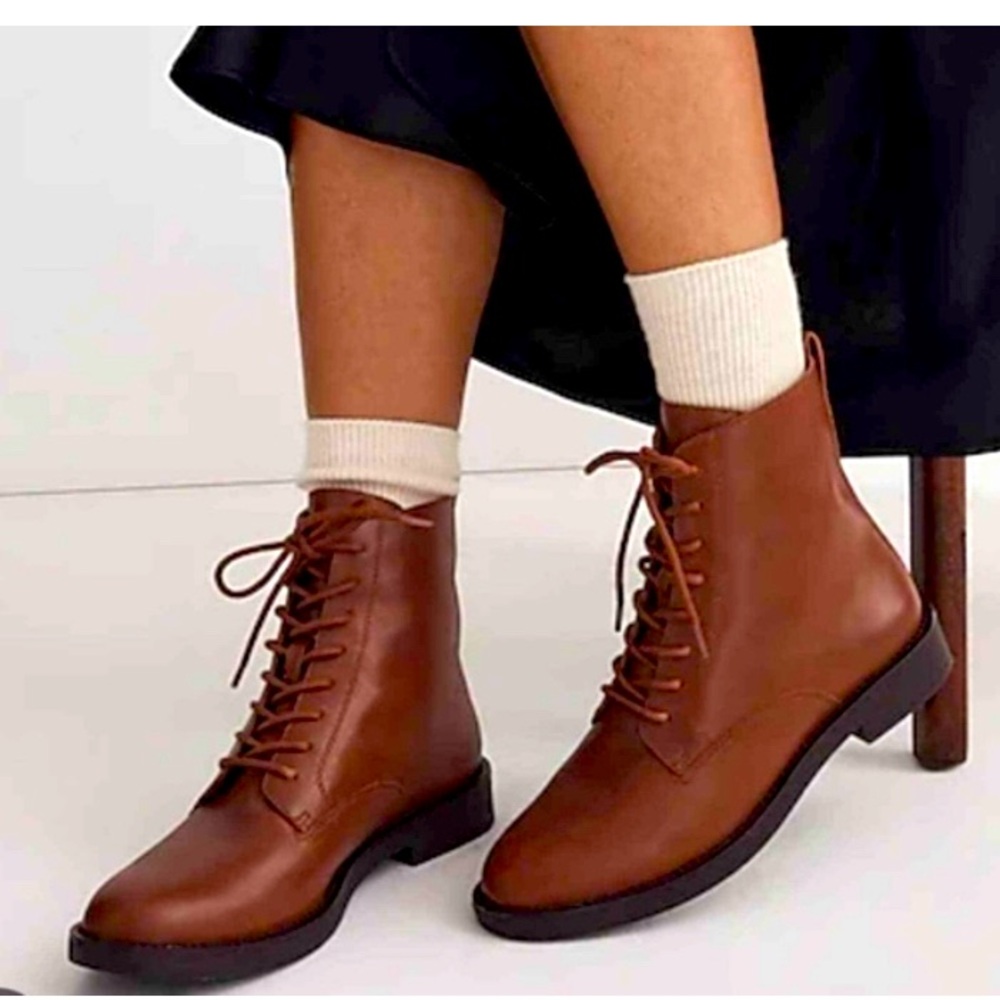 New Madewell Evelyn Dried Maple Brown Lace Up Leather Cozy Ankle Boots 9 Fall
